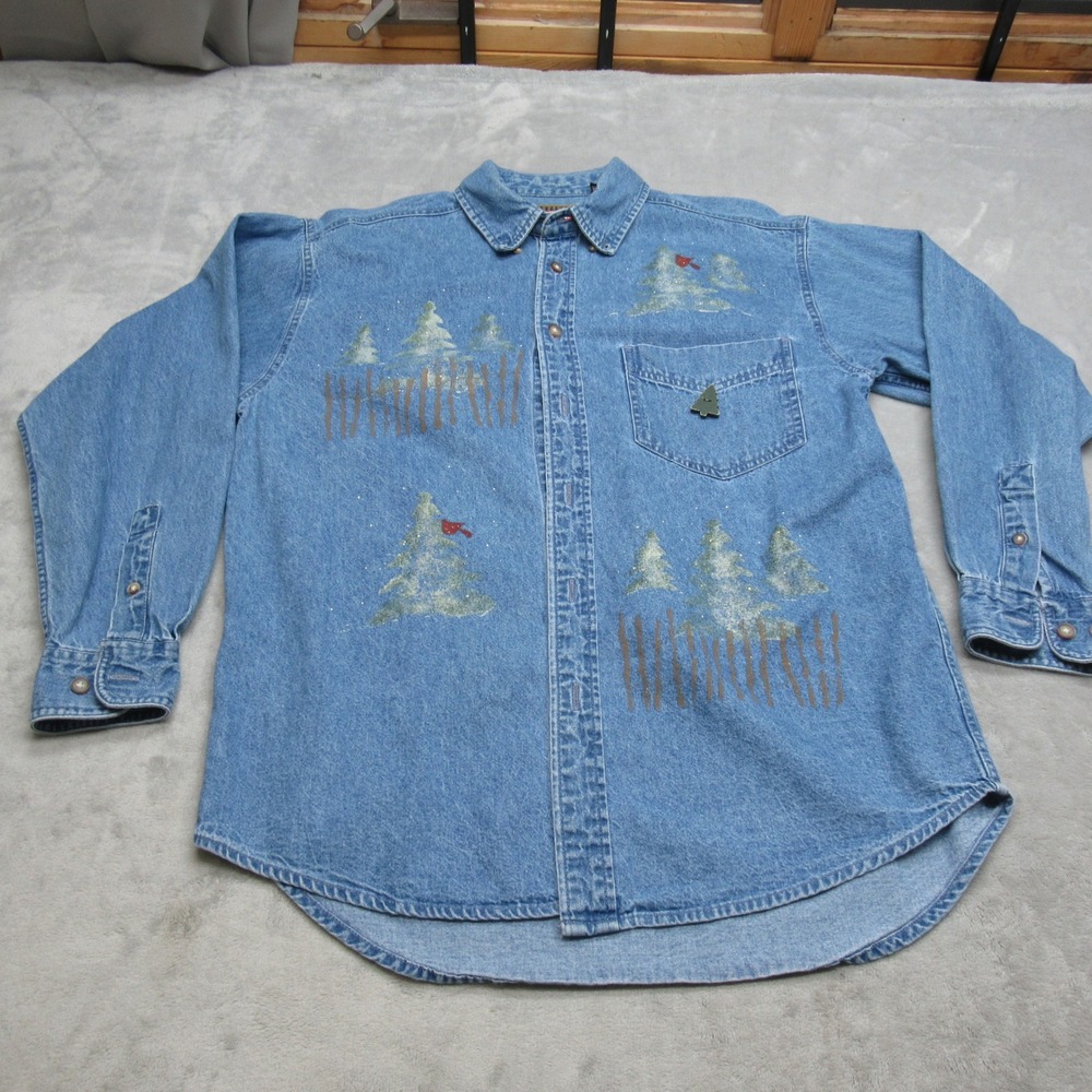 Wrangler Hero Denim Shirt Womens Medium‎ Blue Trees Snow Winter Christmas VTG